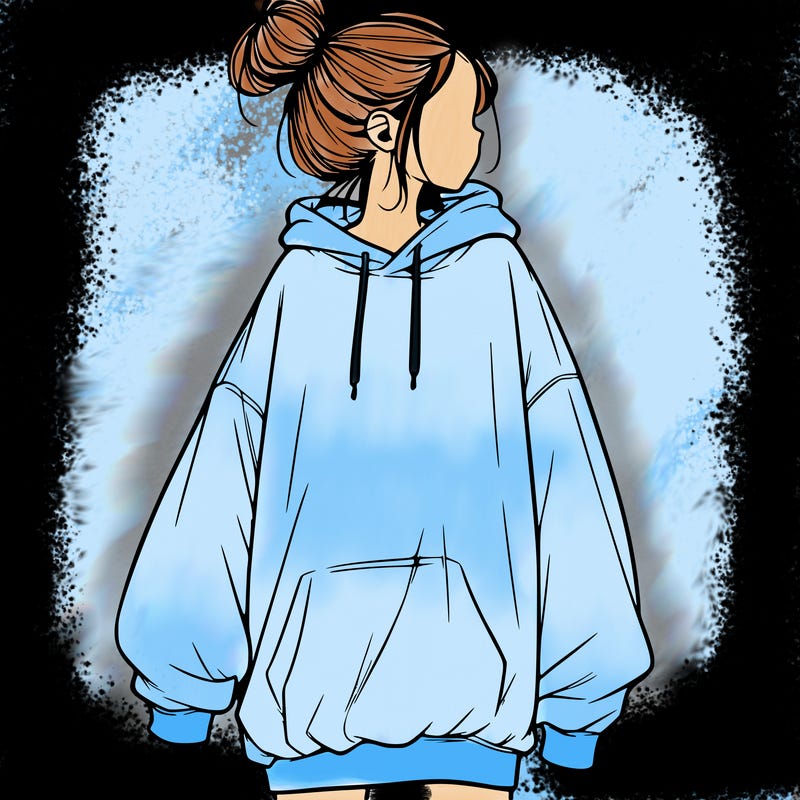 realistic girl with a oversized sweatshirt on and a bun