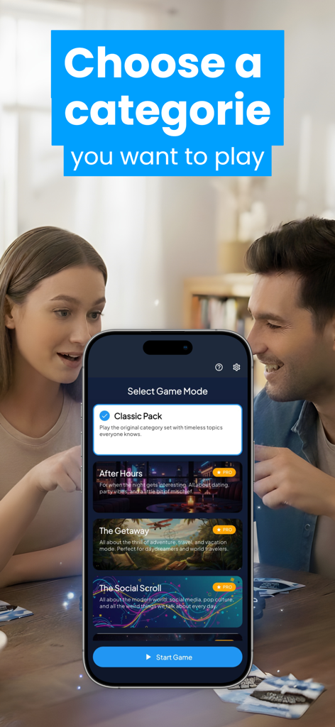 Tap Words Game - A young couple choosing a game mode on the Tap Words app screen
