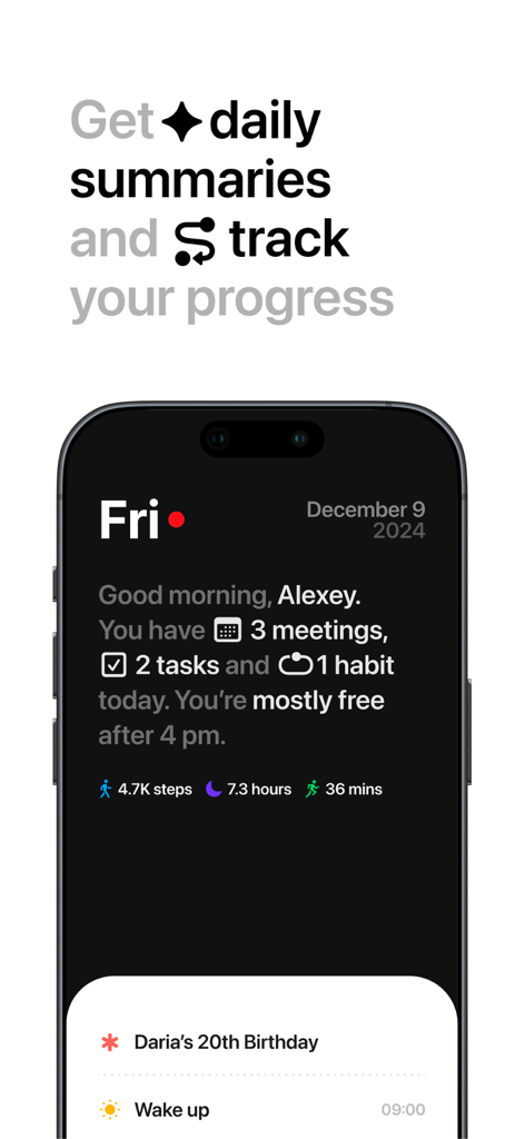 Joi: Daily Planner & Organizer - Pantalla de smartphone que muestra el resumen diario de la aplicación Joi con un resumen de reuniones, tareas y hábitos.