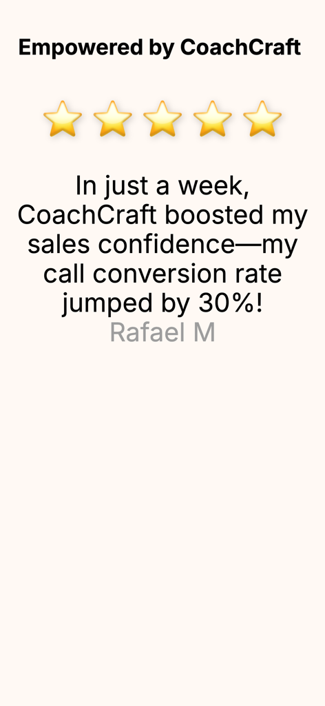 CoachCraft: AI Sales Trainer - Five star user review for CoachCraft showing a 30 percent increase in sales conversion rate