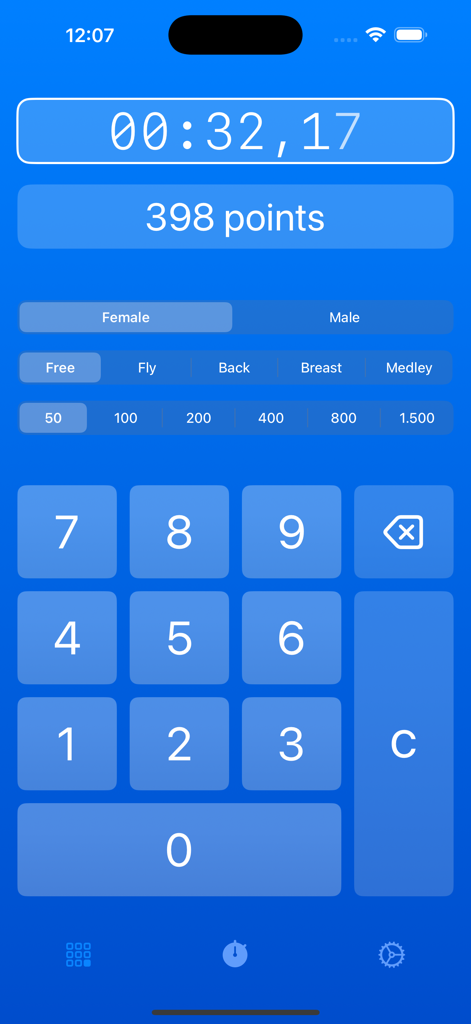 FINA Points - Oberfläche der FINA Points Schwimm-App, die eine 50-Meter-Freistilzeit von 32,17 Sekunden anzeigt, die in 398 Punkte umgerechnet wird.