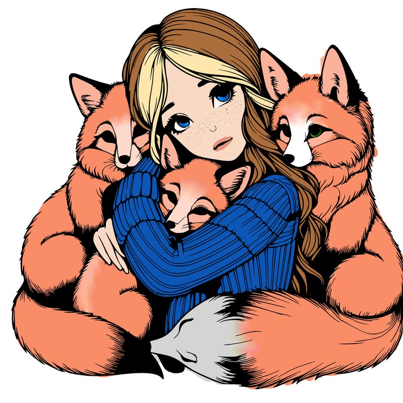 realistic, looking girl hugging, foxes