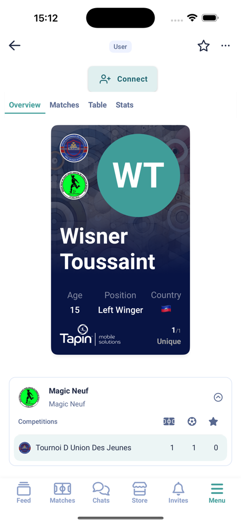 Tapin Sports - A soccer player profile screen in the Tapin Sports app showing personal stats, position, and league competitions.