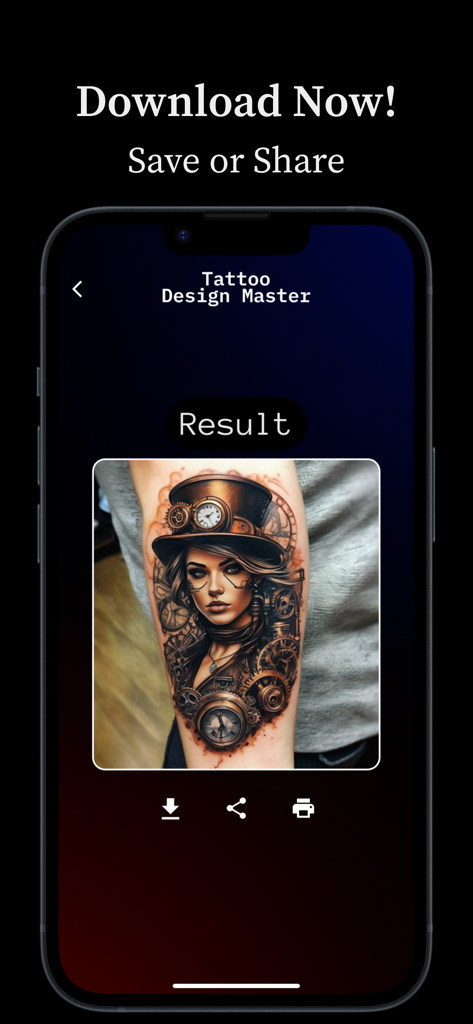 AI Tattoo Design Generator - Um design de tatuagem de mulher steampunk gerado por IA em uma tela de celular com opções para salvar ou compartilhar.