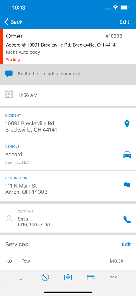 Dispatch Anywhere - Interface of Dispatch Anywhere showing towing job specifics such as incident address vehicle type and destination