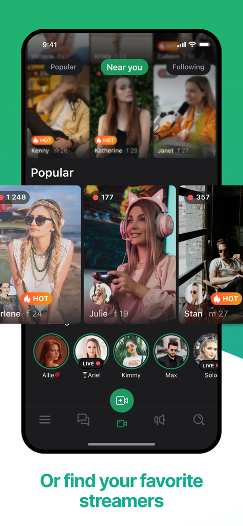 Frim: meet new people - Mobile interface of Frim app displaying popular live streamers and profiles of people nearby.