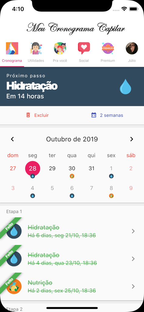 Kalender für Haarpflege-Zeitpläne und abgeschlossene Behandlungen in der Meu Cronograma Capilar App-Oberfläche.