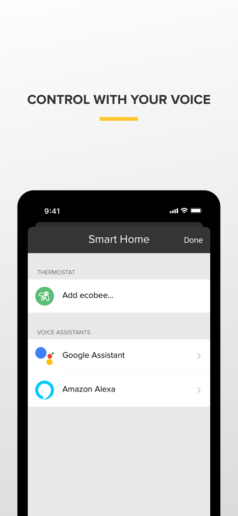 Big Ass Fans - Big Ass Fans App Smart-Home-Integrationsbildschirm für Google Assistant Amazon Alexa und ecobee