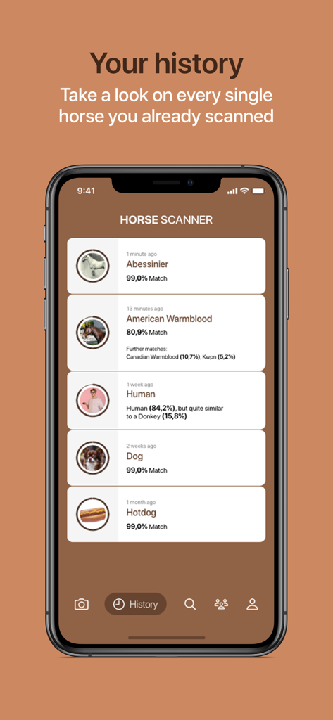 Página de historial de la aplicación Horse Scanner que muestra los resultados de identificación de razas de caballos, humanos y perros.