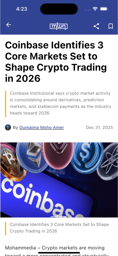 Morocco World News App-Oberfläche, die einen Finanznachrichtenartikel über Coinbase und Kryptowährungsmärkte anzeigt