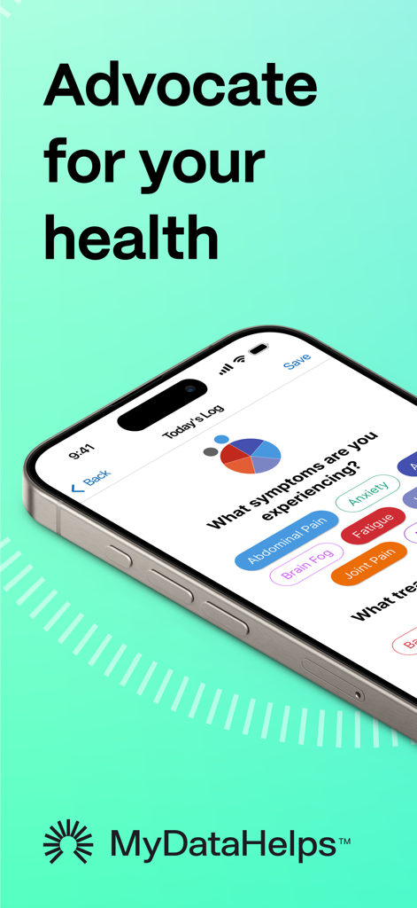 MyDataHelps - MyDataHelps app symptom tracker screen showing options like fatigue and anxiety under the headline advocate for your health