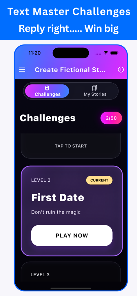 Texting Story Chat Master app interface showing a list of text-based challenges including a First Date level.