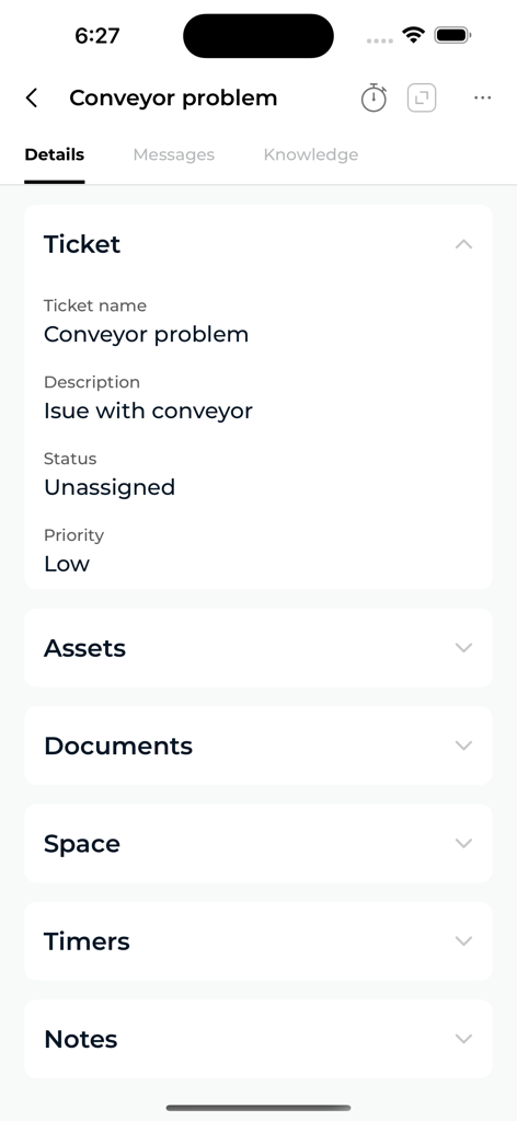 MEO Empresas Remote Assistance - Interface of the MEO Empresas Remote Assistance app showing details for a service ticket titled Conveyor problem.