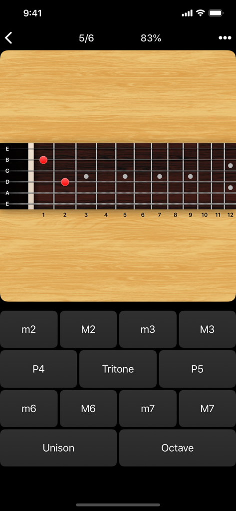 Tenuto - Guitar fretboard interval identification drill in the Tenuto music theory app.