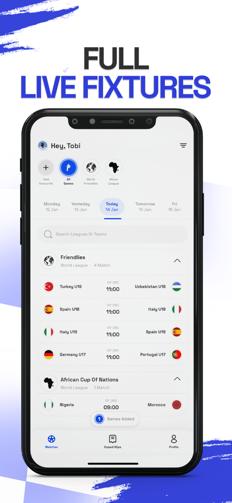 Puntrr.ai: Live Scores & Data - Puntrr.aiモバイルアプリ画面には、サッカーの試合スケジュールとライブ試合結果のリストが表示されています
