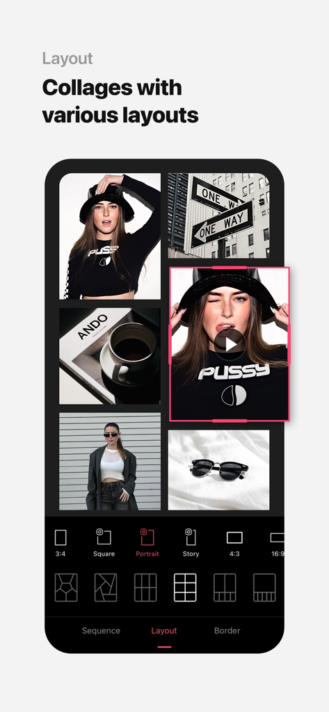 Interface de l'application EPIK montrant diverses options de mise en page de collages photo et des rapports d'aspect pour les réseaux sociaux comme Story et Portrait.