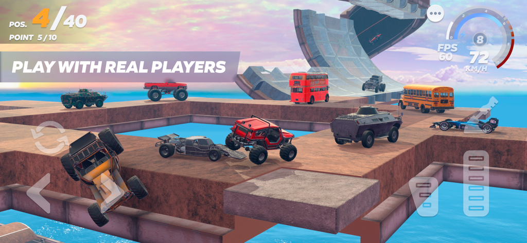 Fall Cars Online - Multiplayer car stunt gameplay in Fall Cars Online showing monster trucks and buses on a mega ramp track