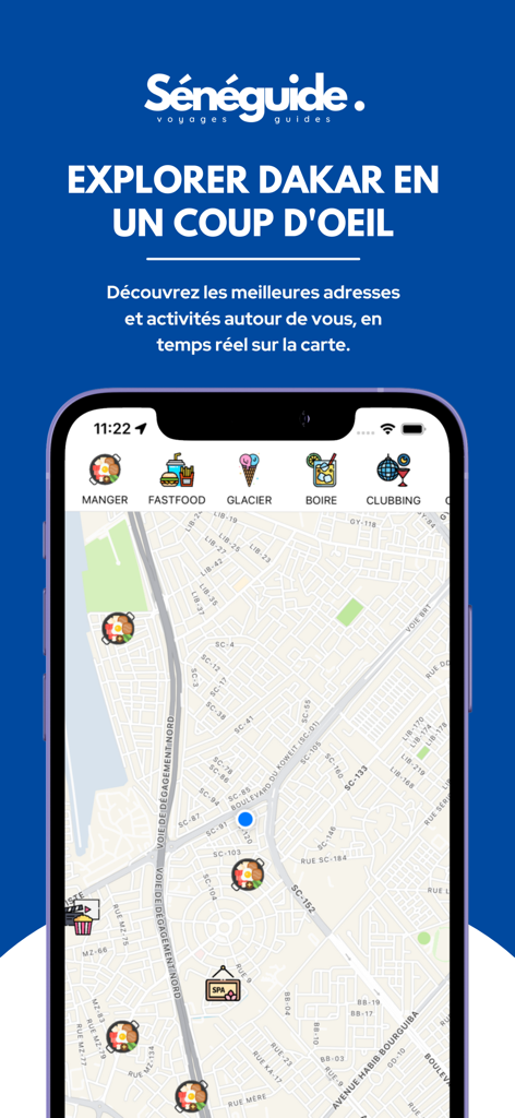 Interfaz de la aplicación SénéGuide que muestra un mapa interactivo en tiempo real de Dakar con marcadores de restaurantes y actividades locales