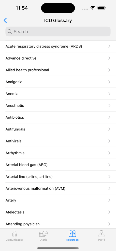 Elenco del glossario di terapia intensiva con termini medici nell'applicazione mobile Comunicatore del Paziente.