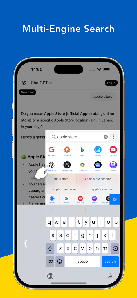Search Ace - AI Browser - Search Ace AI browser interface showing a multi-engine search menu with icons for Google ChatGPT and Bing on an iPhone.