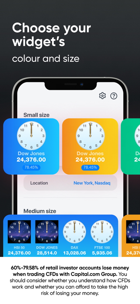 World clock widget Capital.com - Una pantalla de smartphone que muestra opciones de personalización para widgets de trading, incluyendo la selección de tamaño y color.