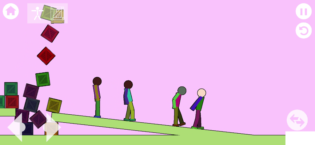 Geo People Ragdoll Playground - Stickman ragdolls on a slope with stacked crates in a physics sandbox playground.