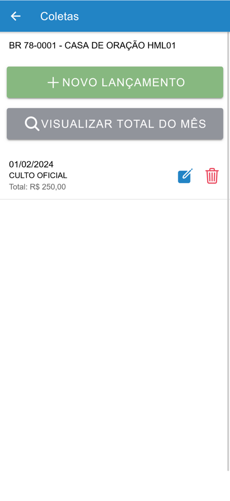 Interface móvel do App SIGA mostrando registros de coletas da igreja e botões de administração.