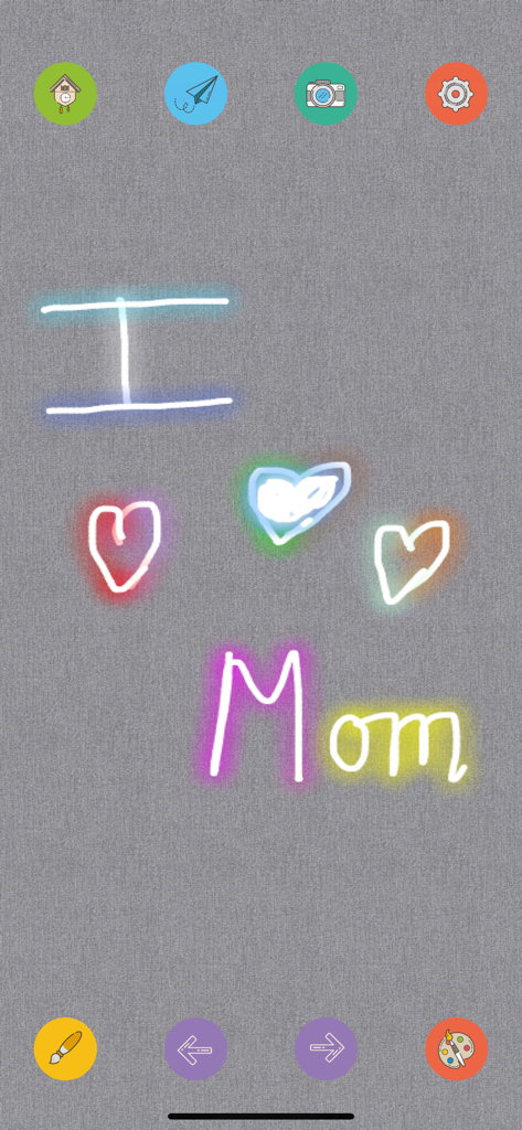 Doodle Pad -Draw Kid Coloring - A child's neon glow drawing on Doodle Pad app showing I love Mom with colorful hearts
