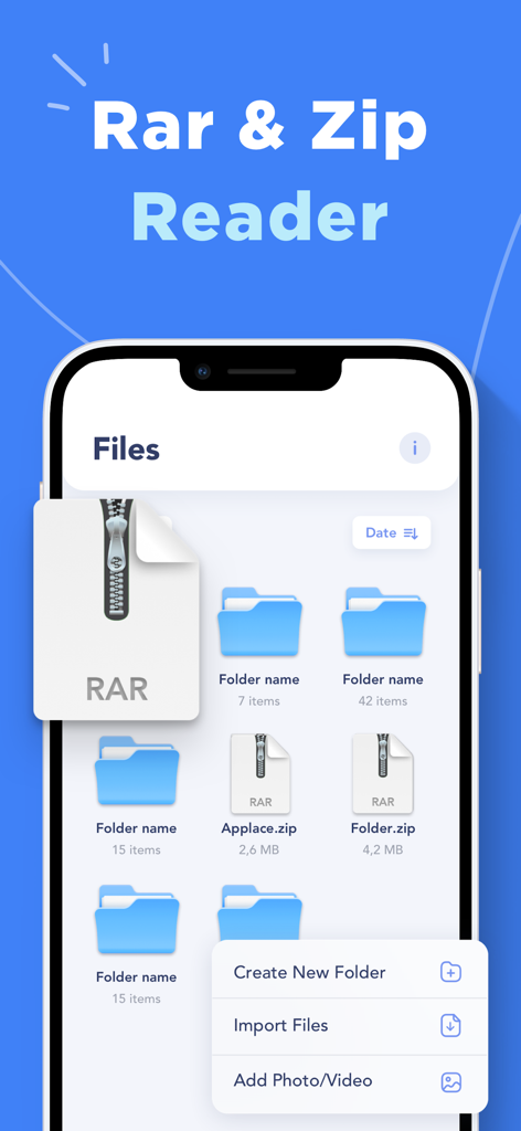 RAR Unzip-Zip File Opener 7Zip - RARおよびZipリーダーアプリがファイルフォルダや圧縮アーカイブアイコンを表示しているスマートフォンのインターフェース