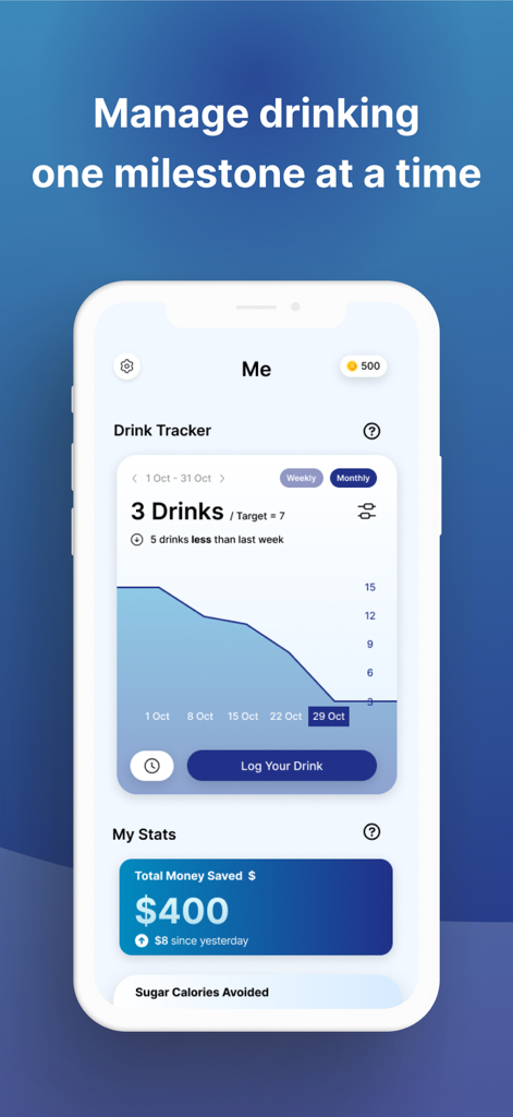 Reframe: Drink Less & Thrive - Interface de l'application Reframe montrant un graphique de suivi de la consommation et l'argent total économisé en buvant moins