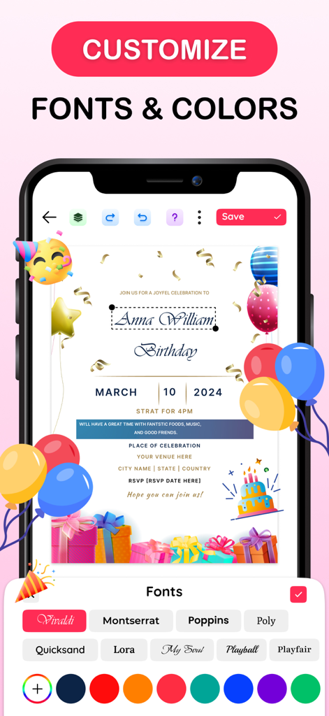 Invitation Maker: RSVP & Cards - Invitation Maker app interface showing font and color customization for a digital birthday invitation