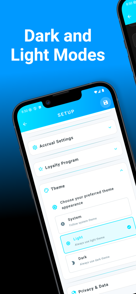 PTO/Time Off Tracker - PTO Tracker app setup screen showing theme selection for dark and light modes