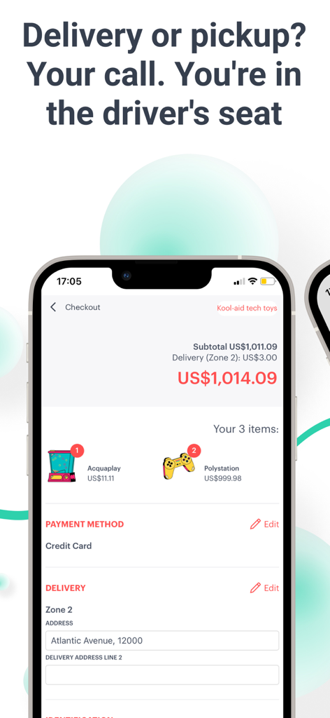 Kyte: Online Catalog and Store - Interfaz de pago de la app Kyte mostrando el total del pedido, dirección de entrega y artículos