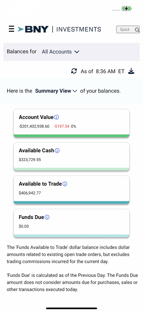 BNY Mellon Brokerage app interface showing a summary of account balances and available cash