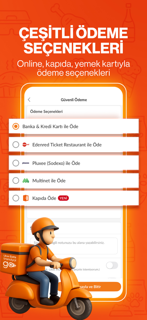 Trendyol Go mobile app screen displaying various secure payment methods including credit cards and meal vouchers for food delivery