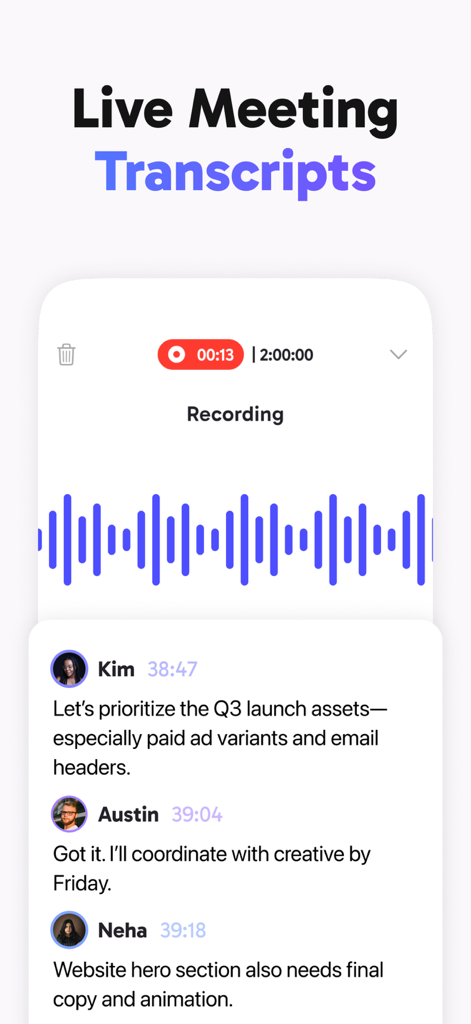 Smart AI Note Taker: CraftNote - CraftNote app interface displaying live meeting transcripts with speaker identification and timestamps