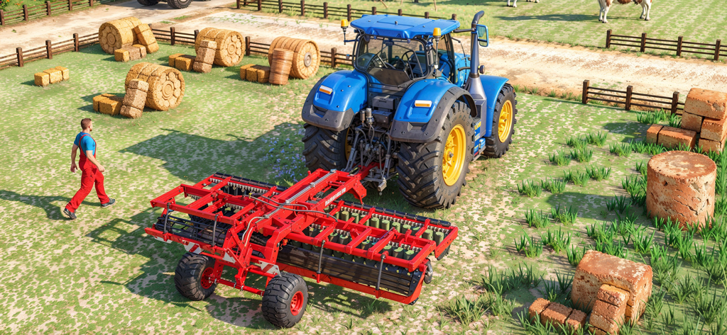 Tractor Driving Farming Games - Realistic 3D blue tractor with red farming equipment in a field with hay bales and a farmer character.