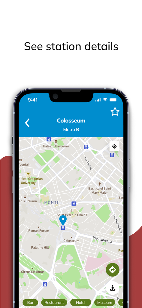 EasyMetro Italy - EasyMetro Italy app map showing Colosseum station details and nearby points of interest in Rome