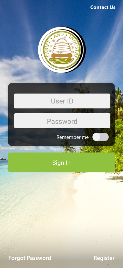 Grenada Co-operative Bank Ltd - Login screen for the Grenada Co-operative Bank mobile app with a tropical beach background