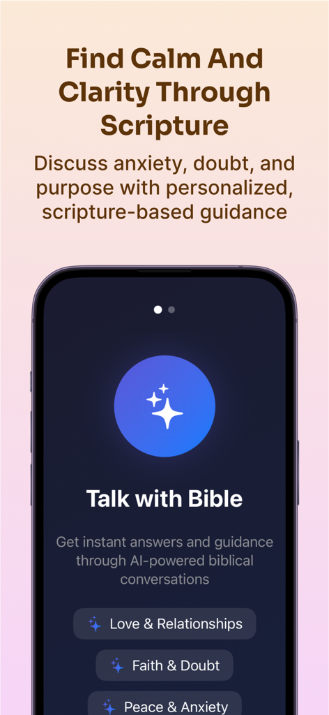 Bible Chat AI & Study Daily - Tela do aplicativo Bíblia Chat AI mostrando orientação personalizada de escrituras para fé e ansiedade.