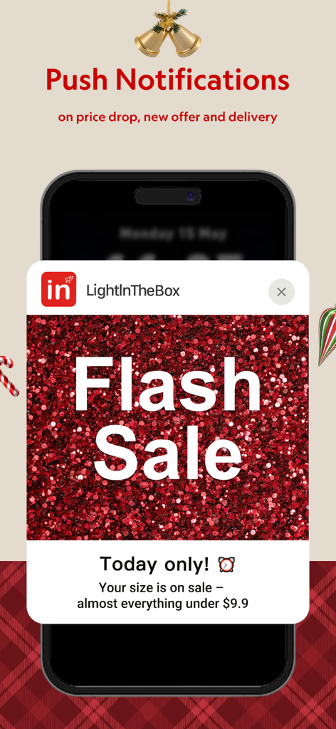 Teléfono inteligente mostrando una notificación push de LightInTheBox para una venta flash diaria con artículos por menos de 9,99 dólares.