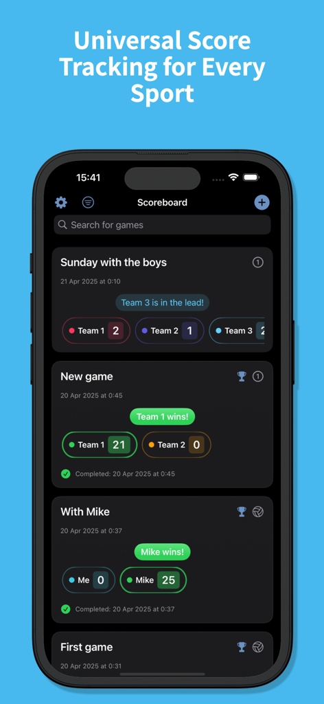 ScoreBoard - Score keeper + - iPhone screen showing a list of various game scores including multi team tracking and sport presets for volleyball and basketball.