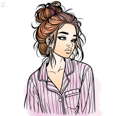 realistic woman with pajamas on and a messy bun
