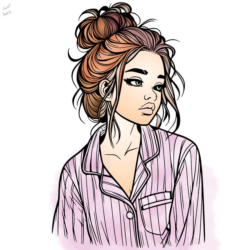realistic woman with pajamas on and a messy bun