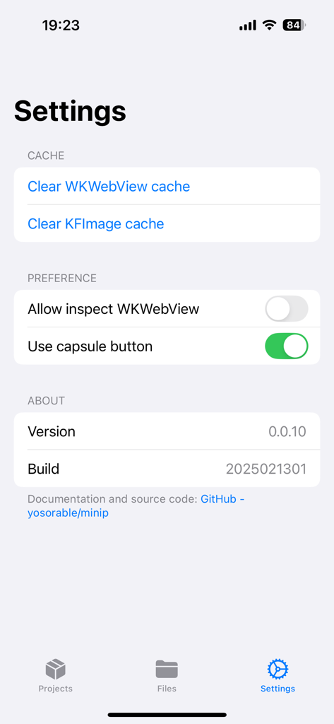 Minip App - Interfaz de configuración de la aplicación Minip que muestra opciones para borrar caché, preferencias de la aplicación e información de la versión.