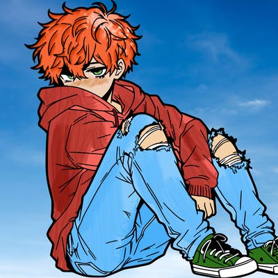 a male hoddie ripped jeans messy hair anime