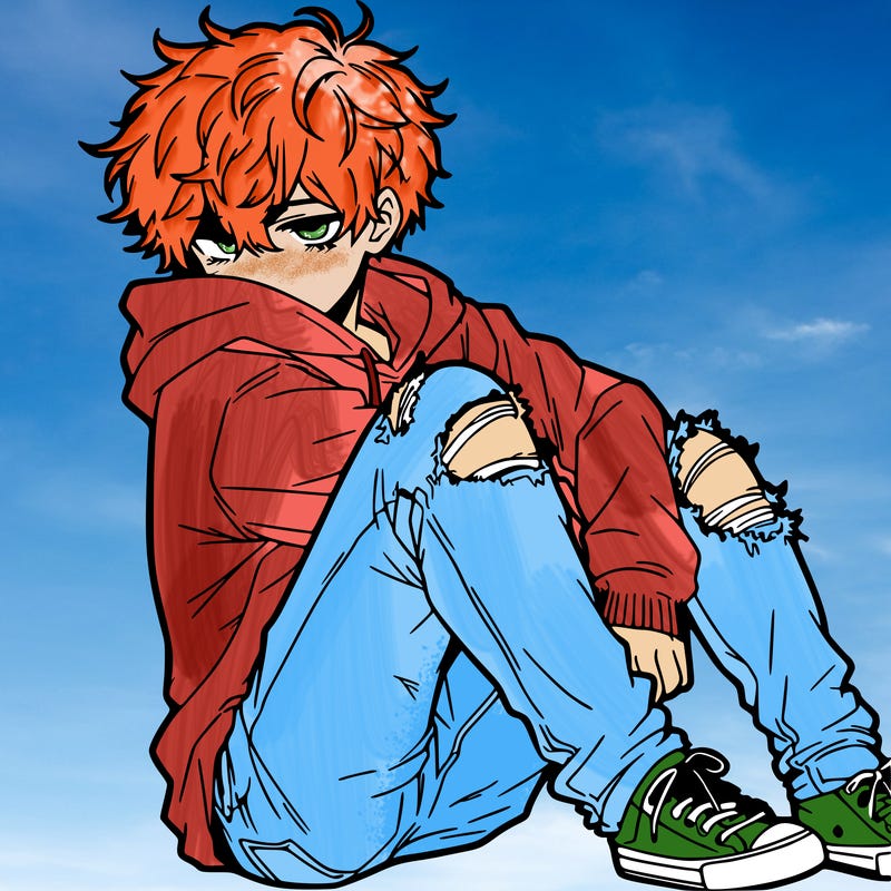 a male hoddie ripped jeans messy hair anime