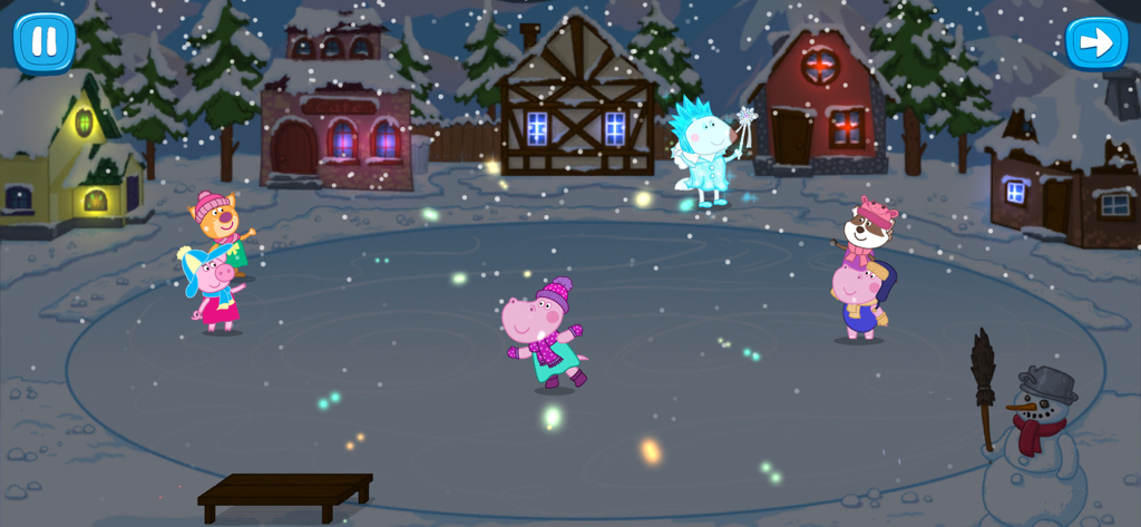 雪景色の中、凍った池でスケートをするカートゥーンの動物キャラクターのシーン