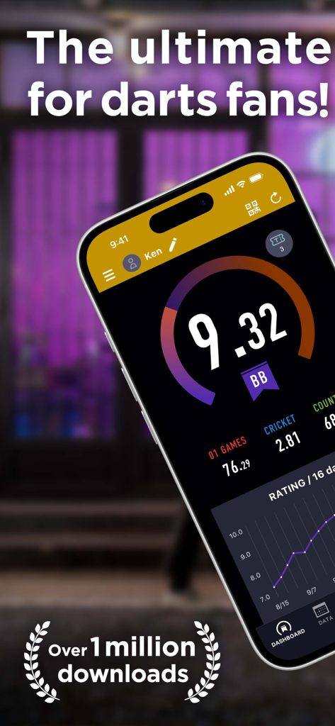 DARTSLIVE app dashboard displaying player rating and performance statistics