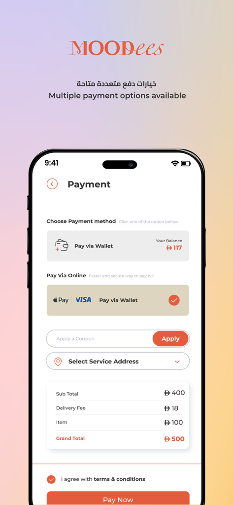 Schermata di checkout dei pagamenti dell'app Moodees che mostra diverse opzioni di pagamento e riepilogo della prenotazione